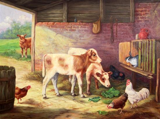 § Edgar Hunt (1876-1953) Calves and poultry in a stable 18 x 24in.